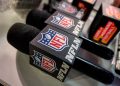 INDIANAPOLIS, IN - MARCH 02:  A detail view of the NFL Crest logo is seen on a NFL Network microphone during the NFL Scouting Combine on March 2, 2022, at the Indiana Convention Center in Indianapolis, IN. (Photo by Robin Alam/Icon Sportswire)