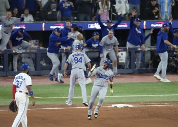 Nov 1, 2025; Toronto, Ontario, CAN; Los Angeles Dodgers second baseman Miguel Rojas (72) celebrates as he runs the bases after hitting a home run against the Toronto Blue Jays in the ninth inning during game seven of the 2025 MLB World Series at Rogers Centre. Mandatory Credit: Kevin Sousa-Imagn Images